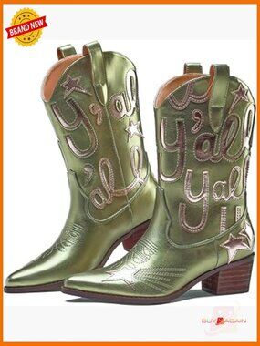 Women's Embroidered Metallic Cowboy Boots Mid Calf Chunky Heel